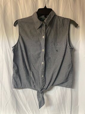 Ralph Lauren Black & White Gingham Tie-Front Sleeveless Button-Down